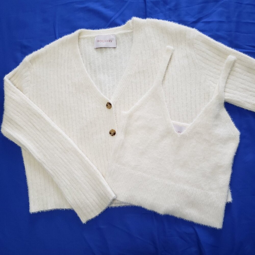 HOLIDAY brand Knit Vest Cardigan Set Size S Ivory Crop Fluffy Soft Demure NWOT